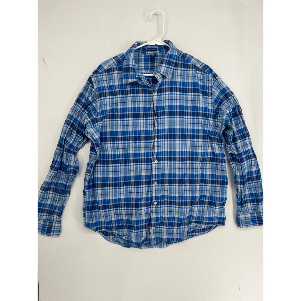 Falls Creek Mens Large Blue Plaid Button Down Shirt Long Sleeve 100% Cotton L